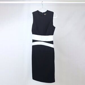 ALEXIA ADMOR | FORMAL SLEEVELESS COLOR-BLOCK SHEATH DRESS | BLACK/IVORY DETAIL
